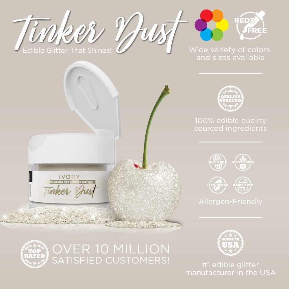 Ivory Tinker Dust edible glitter jar with lid open, next to a glitter-covered cherry.