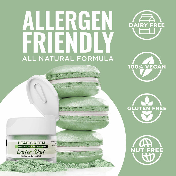 Leaf Green Luster Dust in a clear jar with an open lid, next to a stack of green macarons.