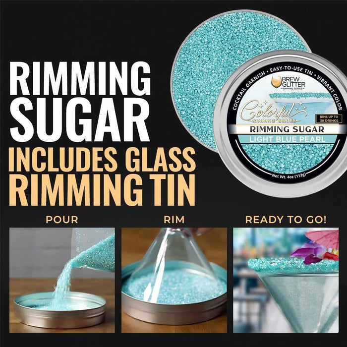 Light blue pearl cocktail rimming sugar in a 4oz tin with instructions on how to garnish glass rims.
