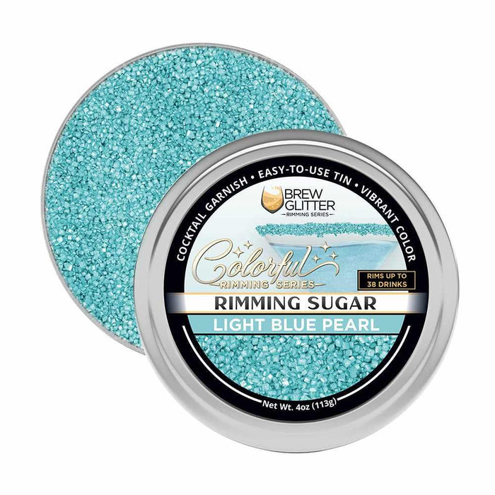Light blue pearl cocktail rimming sugar in a 4oz silver tin by Brew Glitter for garnishing drink glasses.