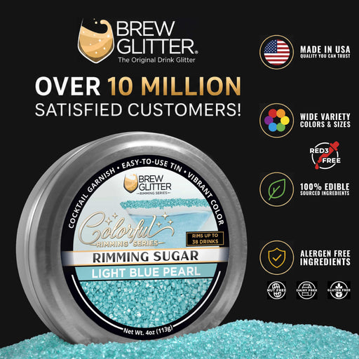 Light blue pearl cocktail rimming sugar in a 4oz tin, featuring a vibrant, edible sparkling finish for drink garnishing.