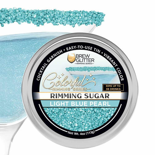 Light blue pearl cocktail rimming sugar in a 4oz tin, shown with a sugar-rimmed martini glass.