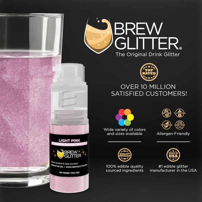 Light pink edible beverage glitter in a mini spray pump next to a glass of sparkling pink drink.