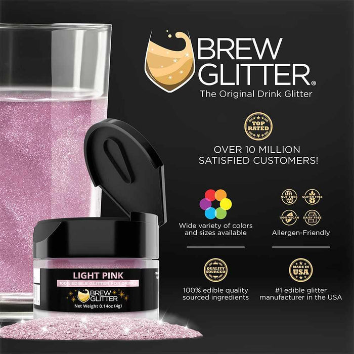 Light pink Brew Glitter jar next to a glass of sparkling pink drink, highlighting allergen-friendly features.