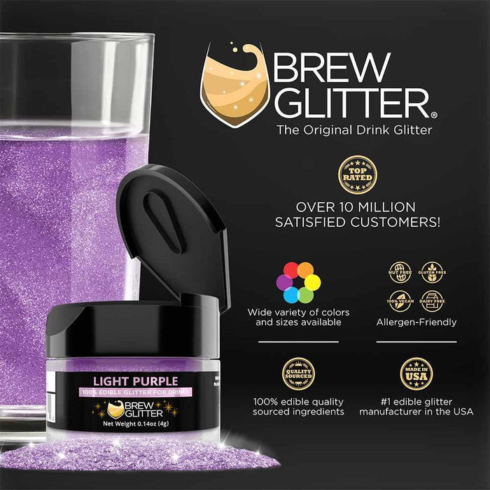 Light purple Brew Glitter in a black jar with a drink, showcasing private label options and product features.