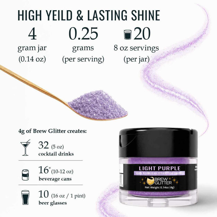 Light purple edible Brew Glitter in a 4g jar with a wooden spoon and serving yield information chart.