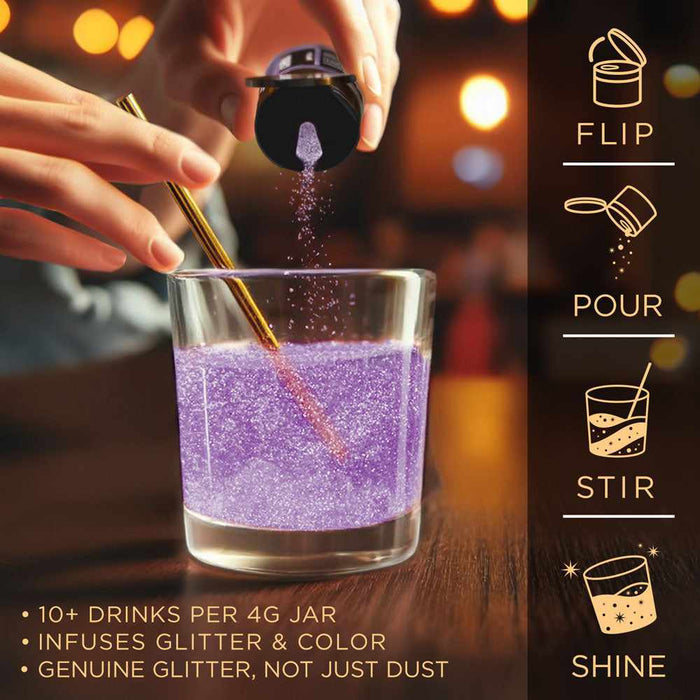 Light purple edible Brew Glitter being poured from a 4g jar into a glass to create a shimmering, colorful drink.