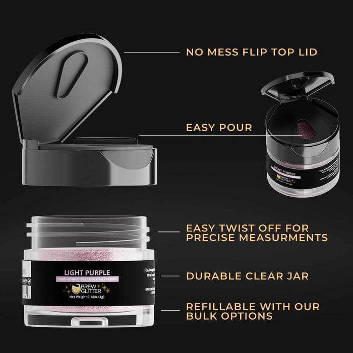 Light purple edible Brew Glitter in a clear 4g jar with a black flip-top lid and easy-pour design.