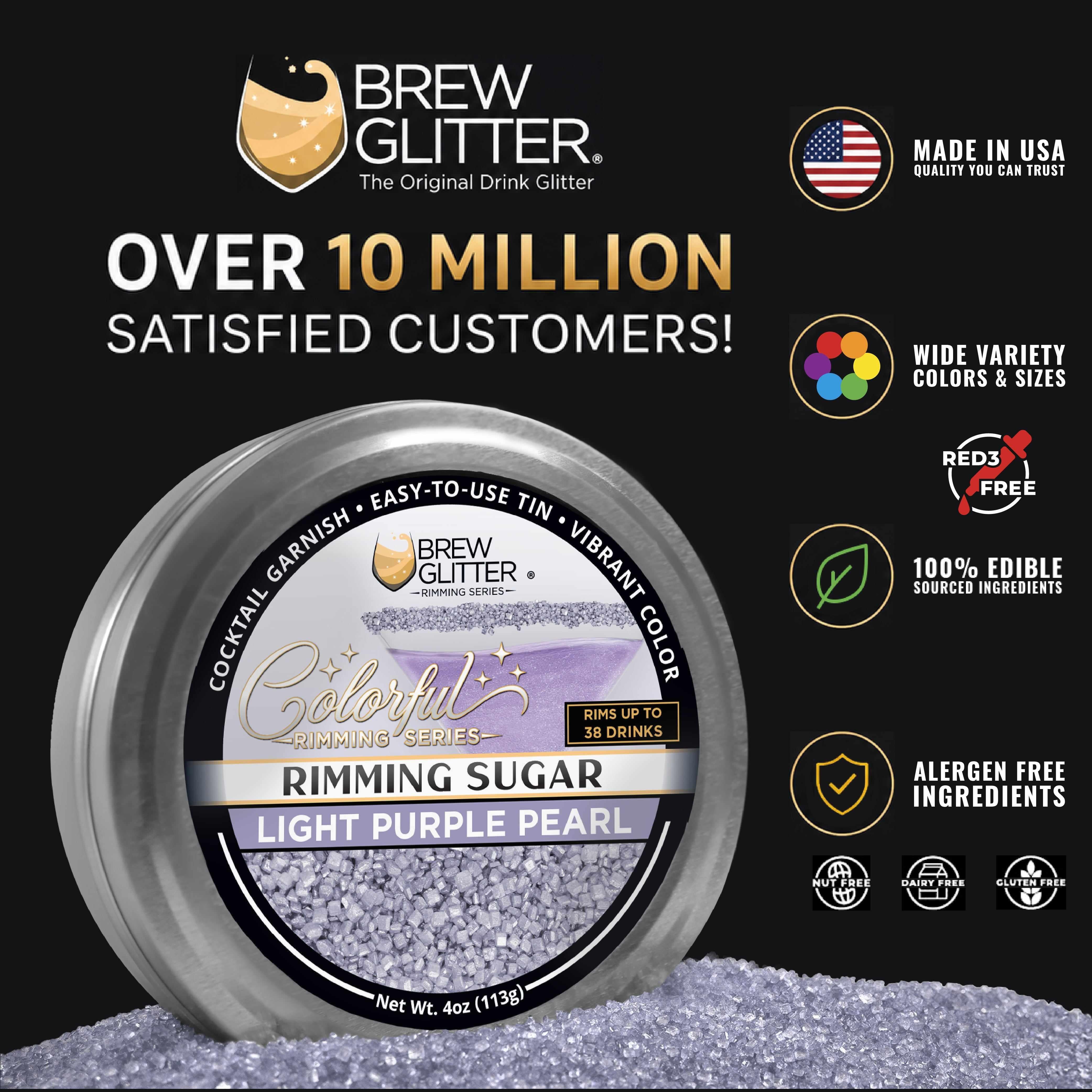 Light purple pearl cocktail rimming sugar in a 4oz metal tin with a branded label and informational icons.