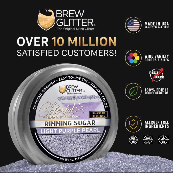 Light purple pearl cocktail rimming sugar in a round aluminum tin with product labels and icons on a black background.