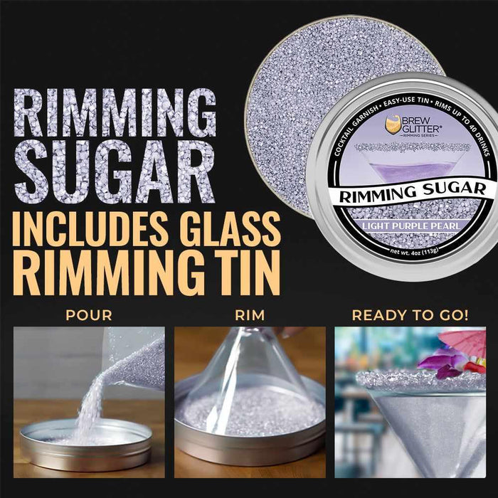 Light purple pearl rimming sugar in a round tin, with steps for pouring, rimming, and a finished cocktail.