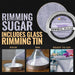 Light purple pearl rimming sugar in a round tin, with steps for pouring, rimming, and a finished cocktail.
