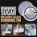 Light purple pearl cocktail rimming sugar in a resealable aluminum tin with glass rimming demonstration.