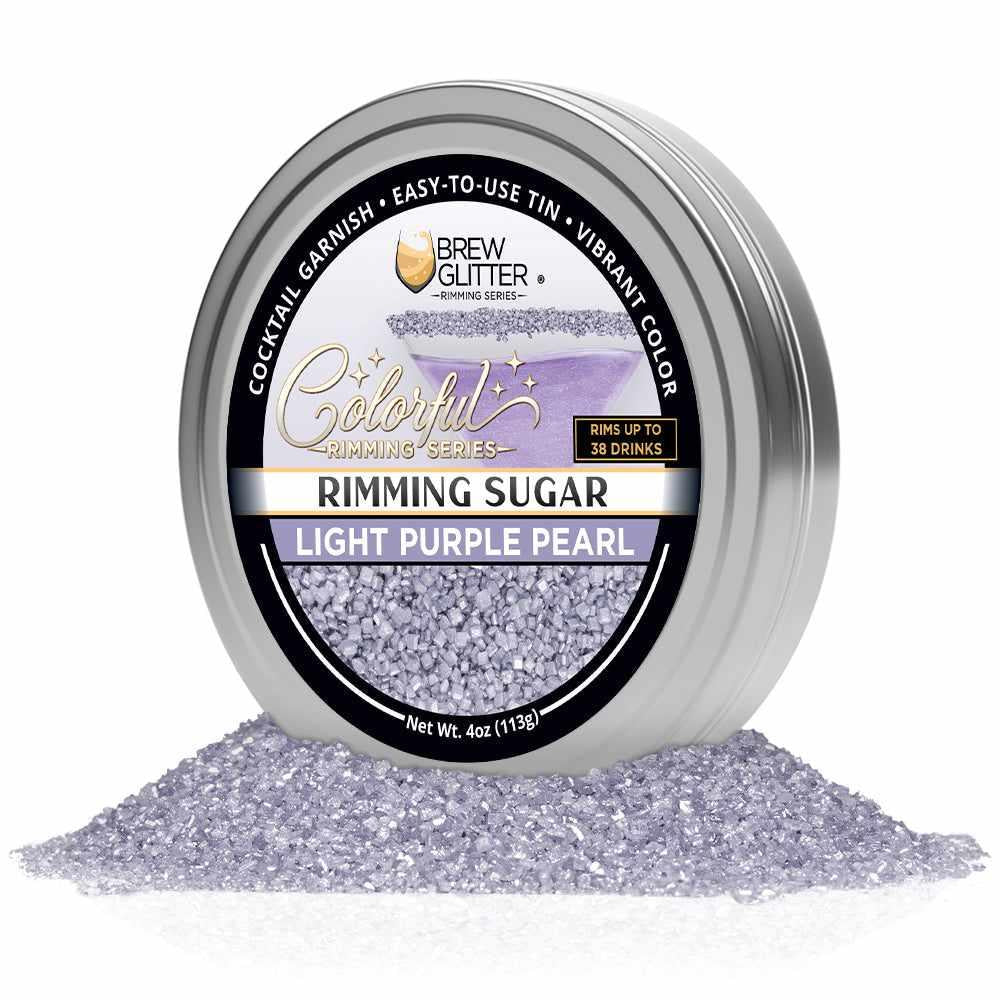 Light purple pearl cocktail rimming sugar in a 4oz silver tin with a black and purple label.