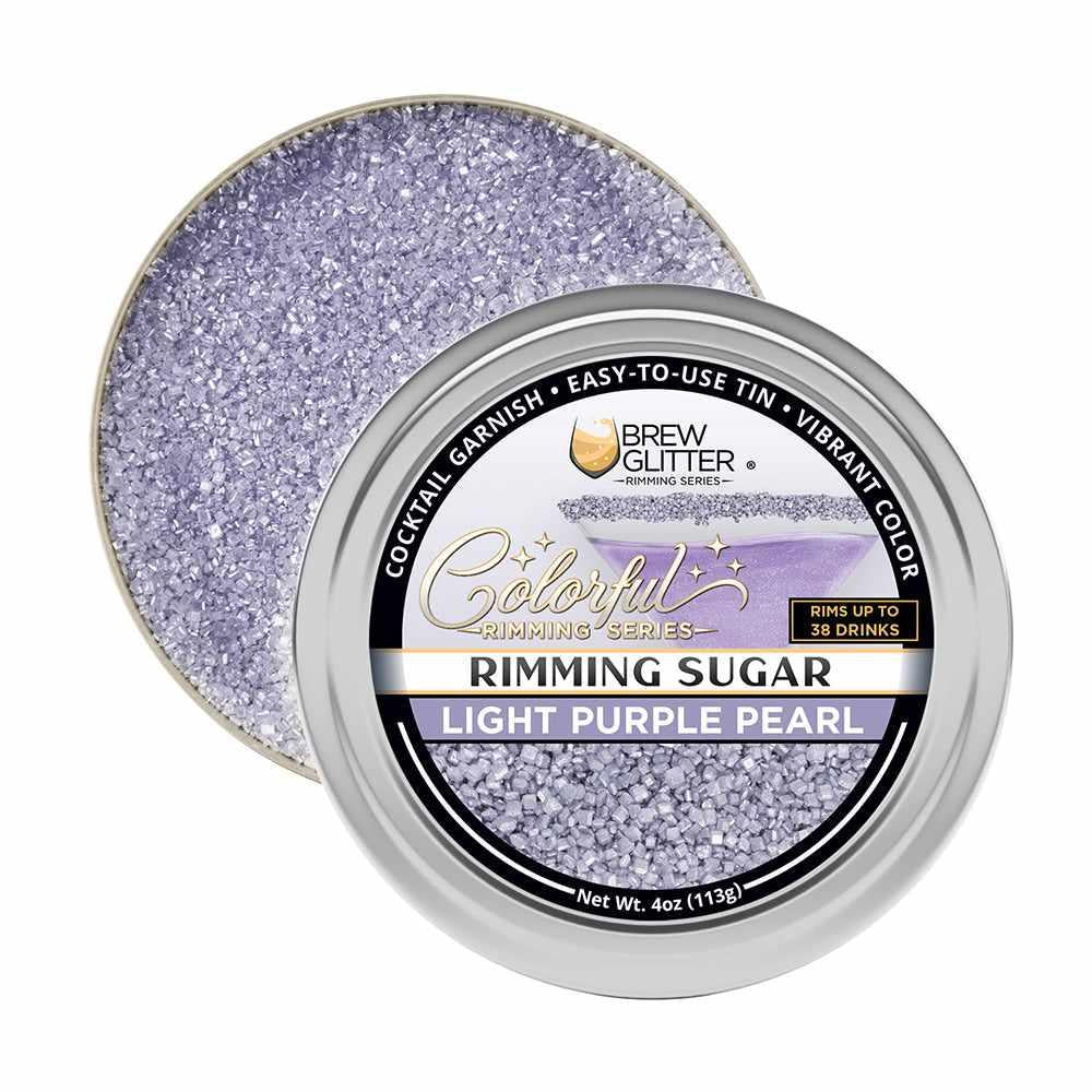 Light purple pearl cocktail rimming sugar in a 4oz silver tin with a branded label.