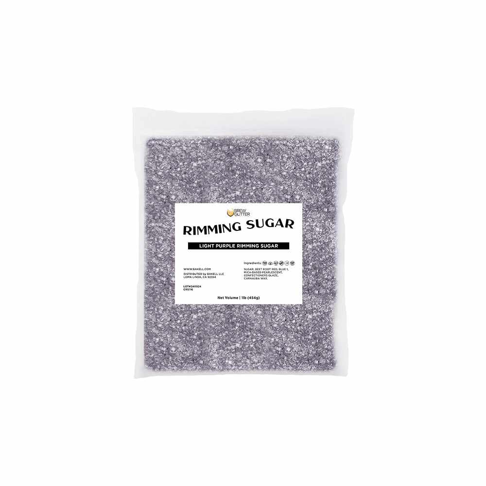 1lb bag of light purple pearl cocktail rimming sugar with a white product label on a clear pouch.