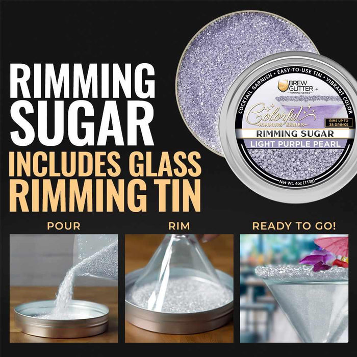 Light purple pearl cocktail rimming sugar in a 4oz resealable tin with step-by-step application instructions.