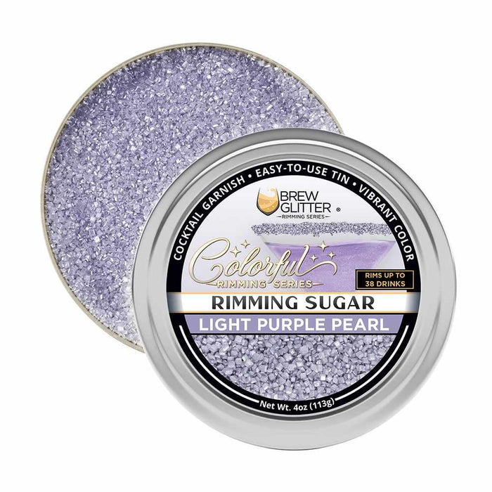 Light purple cocktail rimming sugar in a 4oz resealable aluminum tin with a branded label.