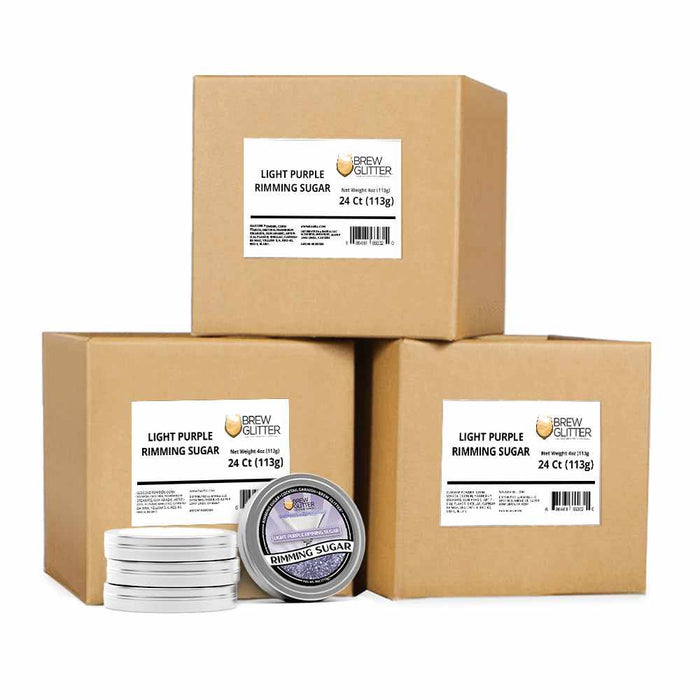 Wholesale case of light purple rimming sugar in 4oz tins with Brew Glitter branding and labels.