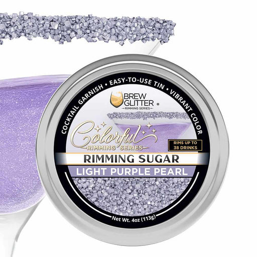 Light purple pearl cocktail rimming sugar in a 4oz tin, featuring coarse, shimmering sugar crystals for glass garnishing.