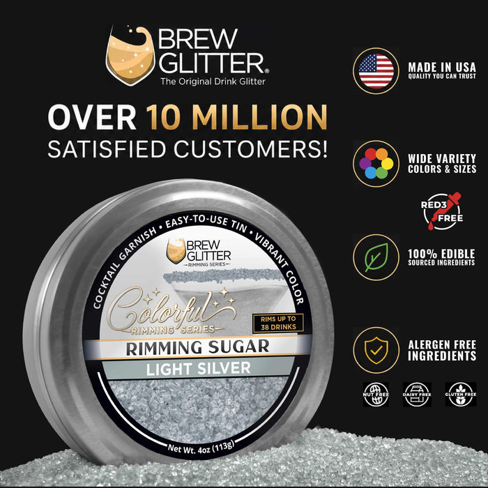 Light silver pearl cocktail rimming sugar in a 4oz metal tin with branded label and edible glitter texture.