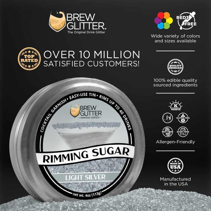 Light silver pearl rimming sugar in a round tin, perfect for garnishing up to 40 drinks.