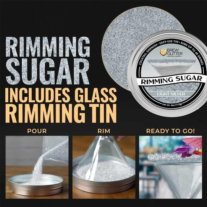 Light silver pearl rimming sugar in a round tin with a glass rimming tin, shown with pouring and rimming steps.