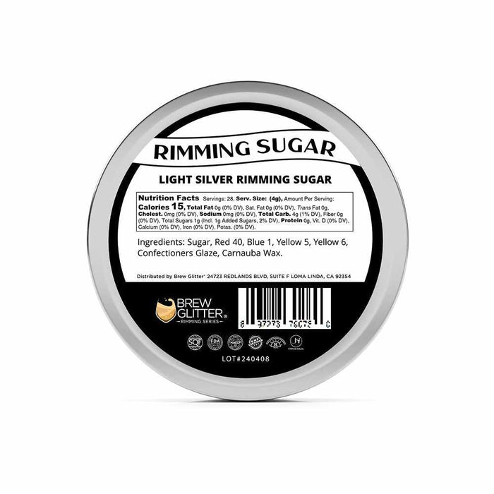 Light silver rimming sugar in a round, metallic tin with a black and white label showing nutrition facts and "Brew Glitter" branding.
