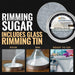 Light silver cocktail rimming sugar in a 4oz tin with instructions for pouring, rimming a glass, and serving a decorated drink.
