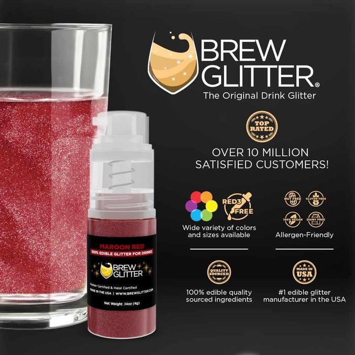 Maroon Red Brew Glitter mini spray pump next to a glass of sparkling red beverage.