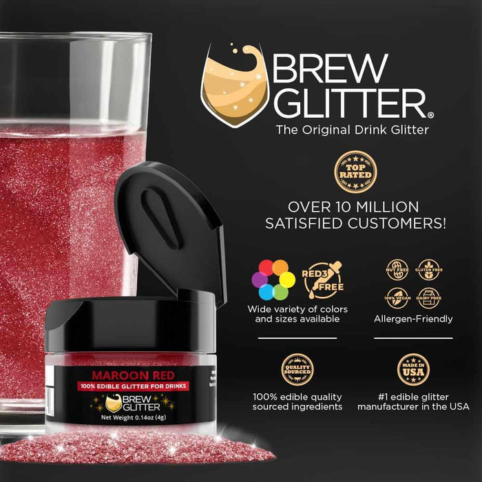Maroon Red Brew Glitter 4g jar next to a glass of red glittery drink, with product features.