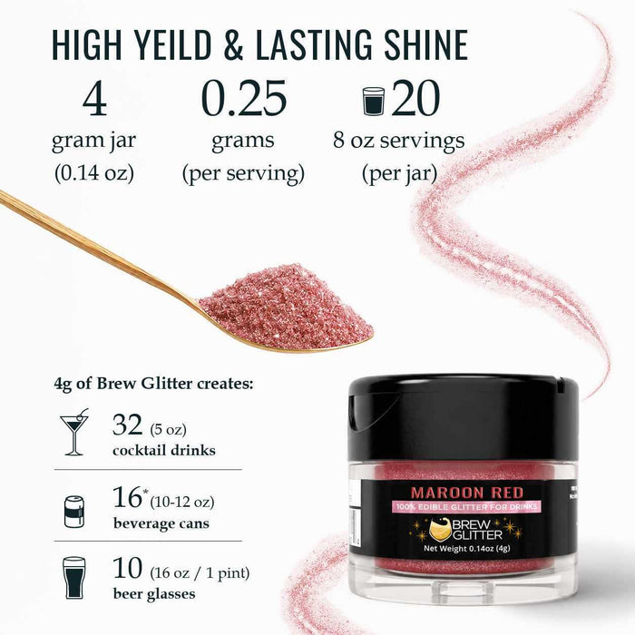 Maroon Red Brew Glitter jar with a spoon of edible glitter and usage yield statistics for cocktails and beverages.