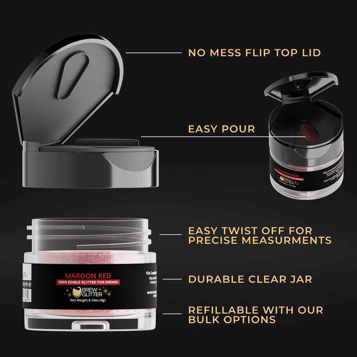 Maroon red edible glitter in a 4g clear jar with a no-mess flip-top lid for easy pouring and precise measurements.