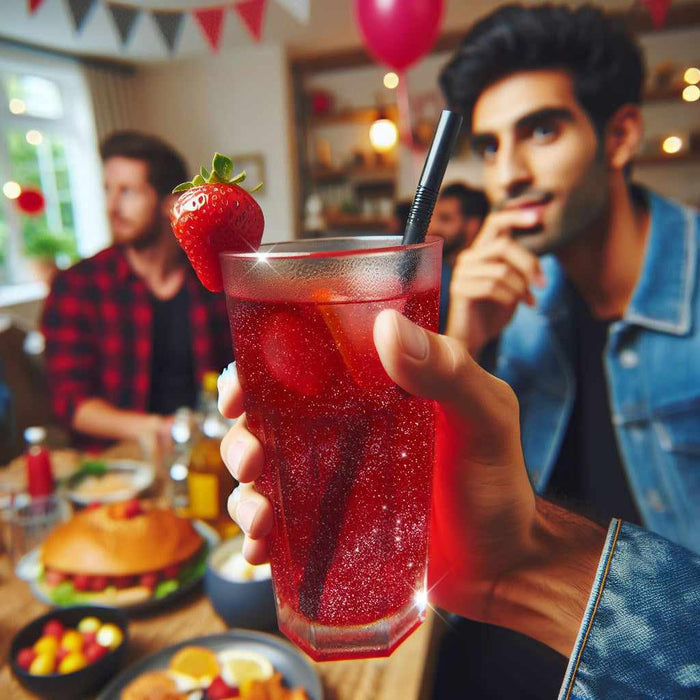 Hand holding a glass filled with Maroon Red  Brew Glitter