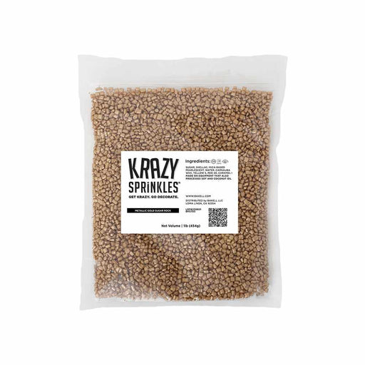 Metallic Gold-Pearl Sugar Rock sprinkles in a 1lb clear bag with Krazy Sprinkles label.