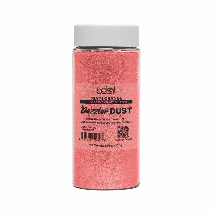 Miami Orange Dazzler Dust UV Reactive Iridescent Craft Glitter in a 100g clear jar with white cap.