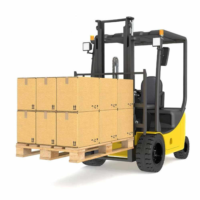 Yellow forklift lifting a wooden pallet stacked with brown cardboard boxes, ready for shipping.