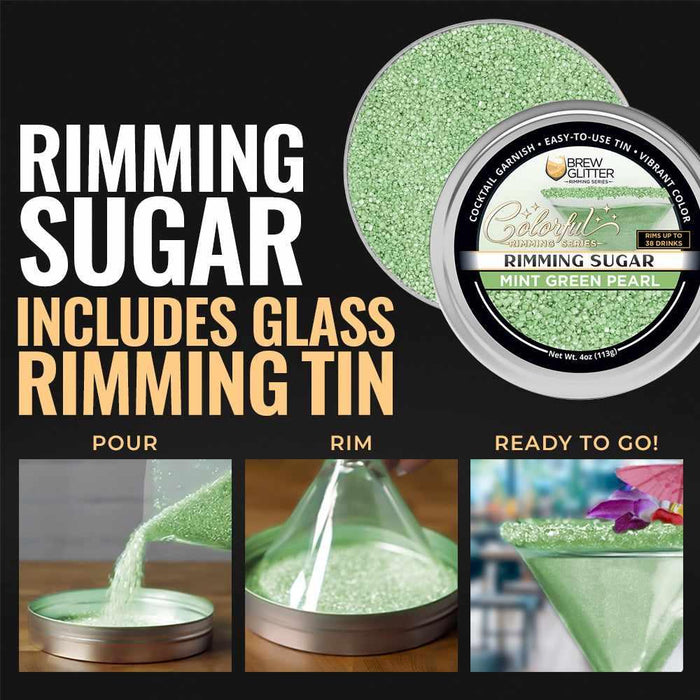 Mint green pearl cocktail rimming sugar in a 4oz tin with instructions for pouring and rimming a glass for drink garnishing.