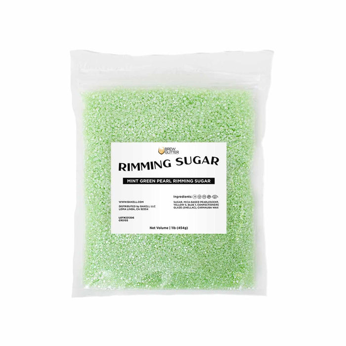 One-pound bag of mint green pearl cocktail rimming sugar with a white label on a clear plastic pouch.