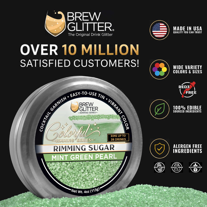 Mint green pearl cocktail rimming sugar in a 4oz metal tin with a decorative label on a black background.