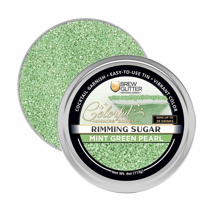 Mint green pearl cocktail rimming sugar in a 4oz silver tin with branded label.