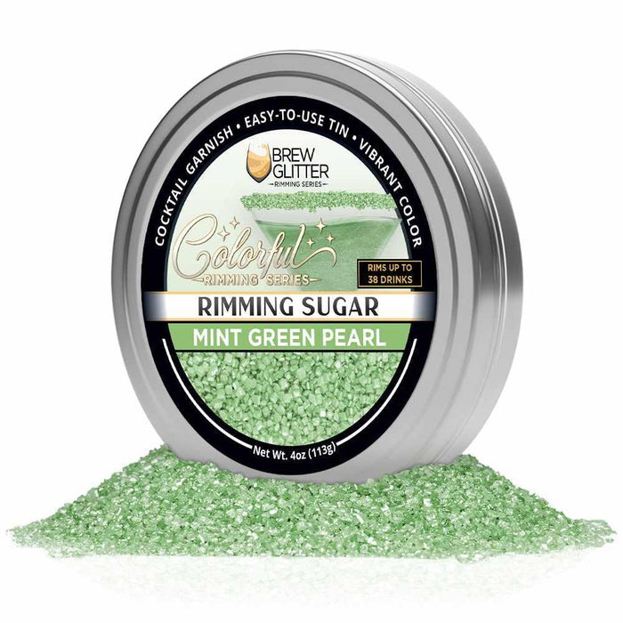 Mint green pearl cocktail rimming sugar in a 4oz silver tin with a black and green decorative label.
