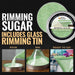 Mint green pearl cocktail rimming sugar in a 4oz tin with instructions for pouring and rimming glasses for a vibrant garnish.