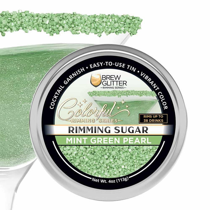 4oz tin of Mint Green Pearl cocktail rimming sugar with a decorative label, shown with a sugar-rimmed martini glass.