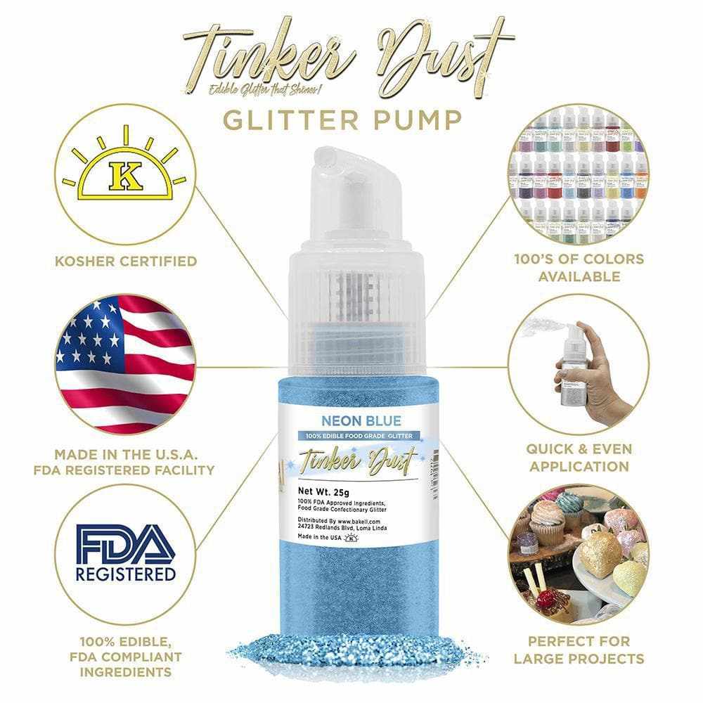 Neon Blue Edible Glitter Spray 25g pump bottle with Tinker Dust label, surrounded by product features.