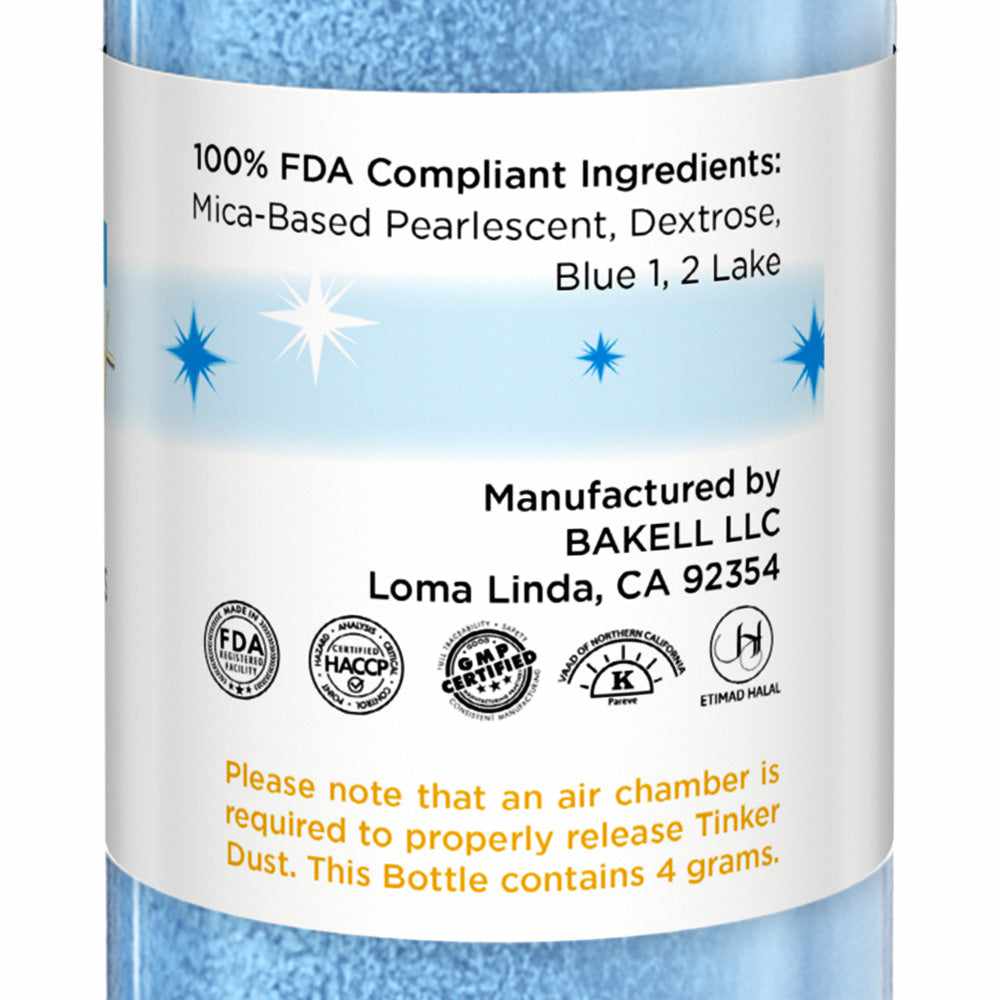 Neon Blue Tinker Dust edible glitter spray pump, 4g, with FDA, HACCP, GMP, Pareve, and Halal certifications.