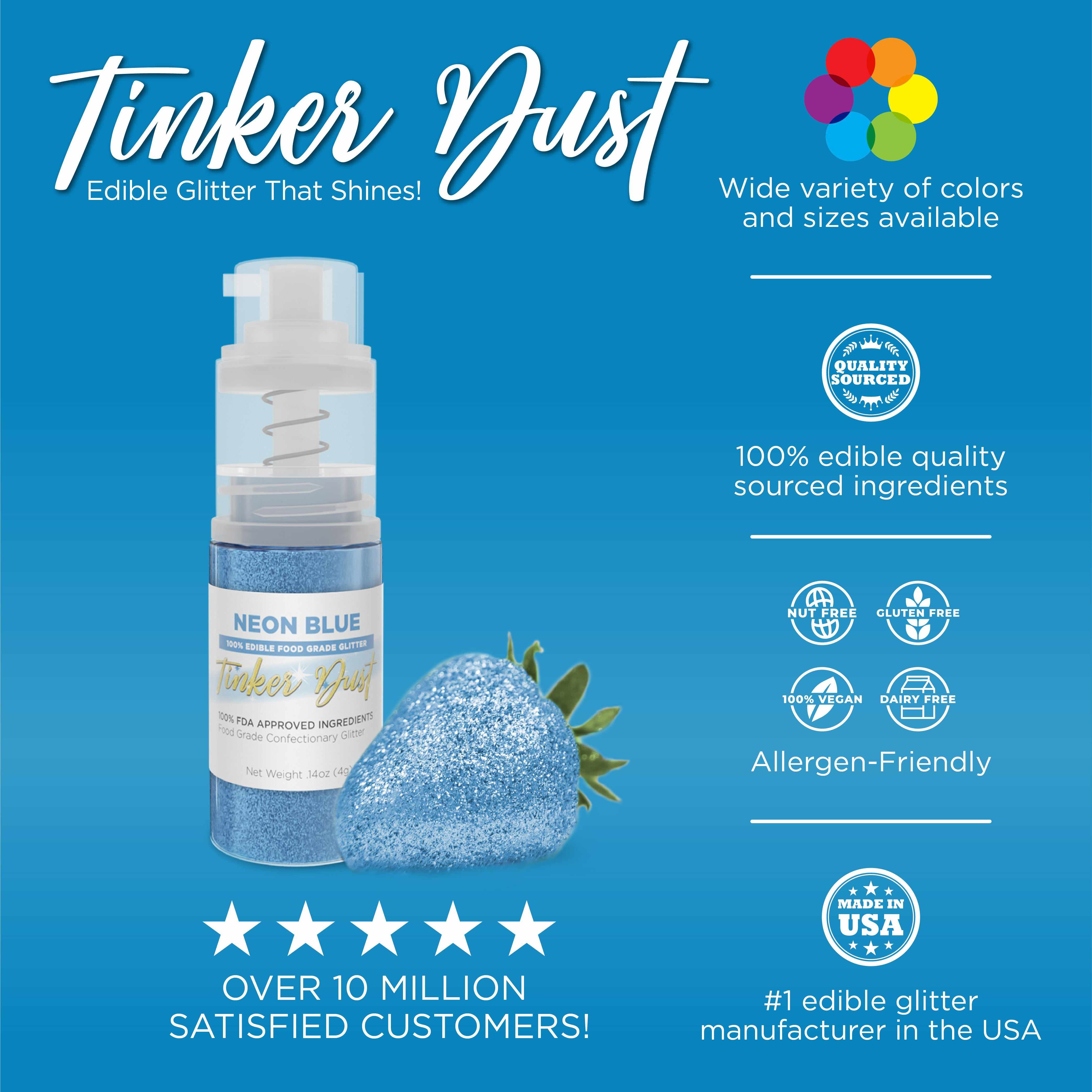 Neon Blue Tinker Dust edible glitter spray pump next to a glitter-covered strawberry on a blue background.