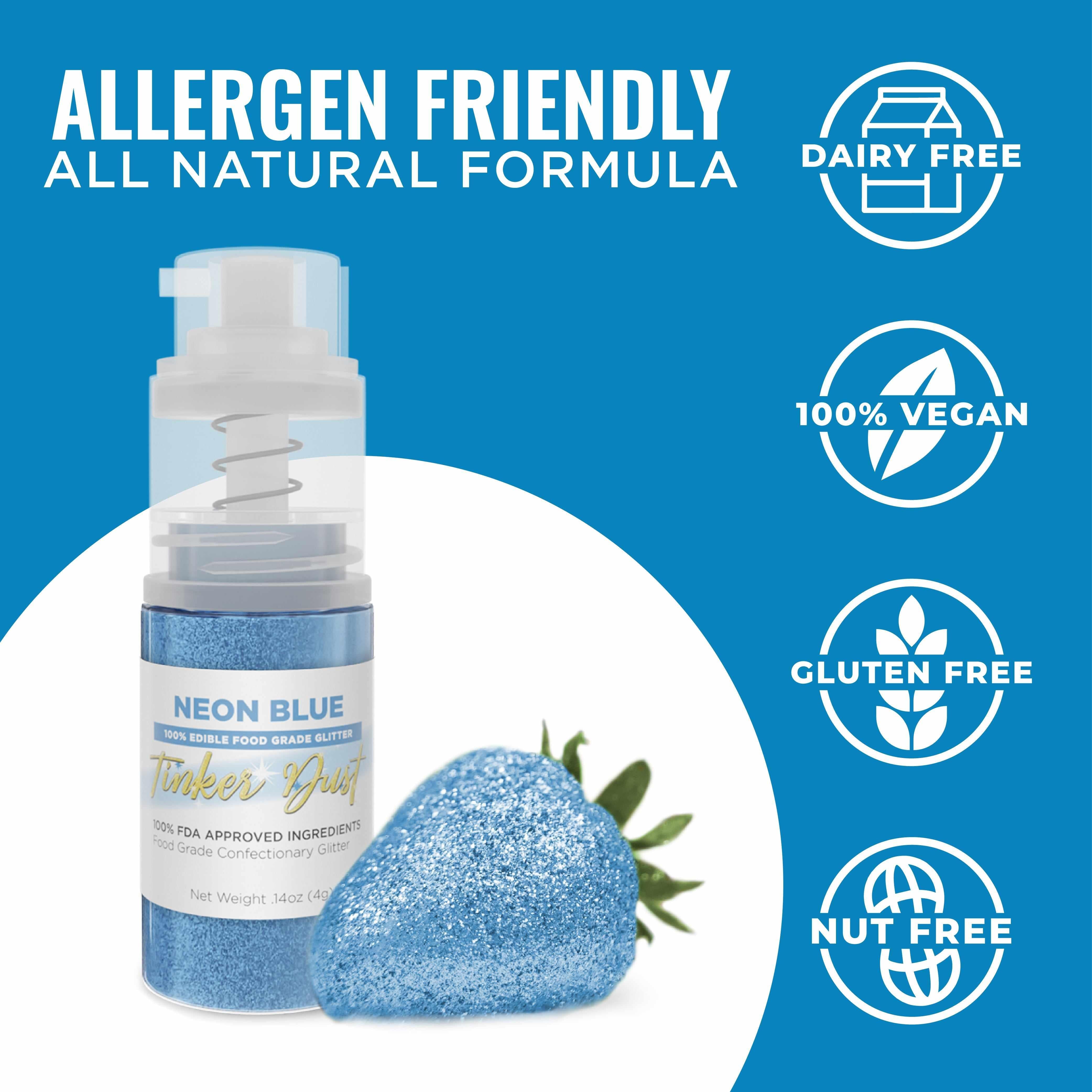 Neon Blue Tinker Dust edible glitter spray pump next to a glitter-covered strawberry. Allergen-friendly, dairy-free, vegan, gluten-free, nut-free.