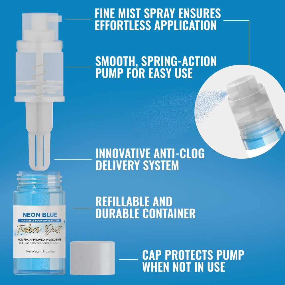 Neon Blue Tinker Dust edible glitter spray pump with a clear body, white cap, and fine mist nozzle.