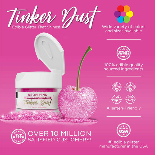 Neon pink Tinker Dust edible glitter jar with an open lid, spilled glitter, and a glitter-covered cherry.